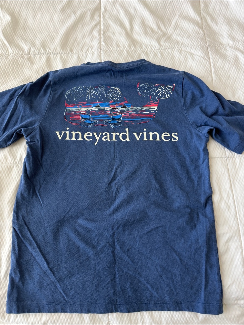 Boys Vineyard Vines Navy Short Sleeve Pocket Tee with Fireworks and Boat size M